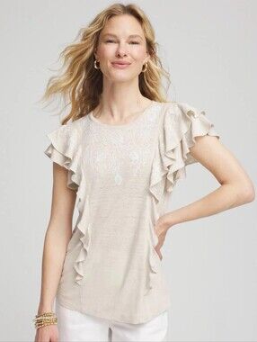 Chicos Embroidered Flutter-Sleeve Tee Sz 1